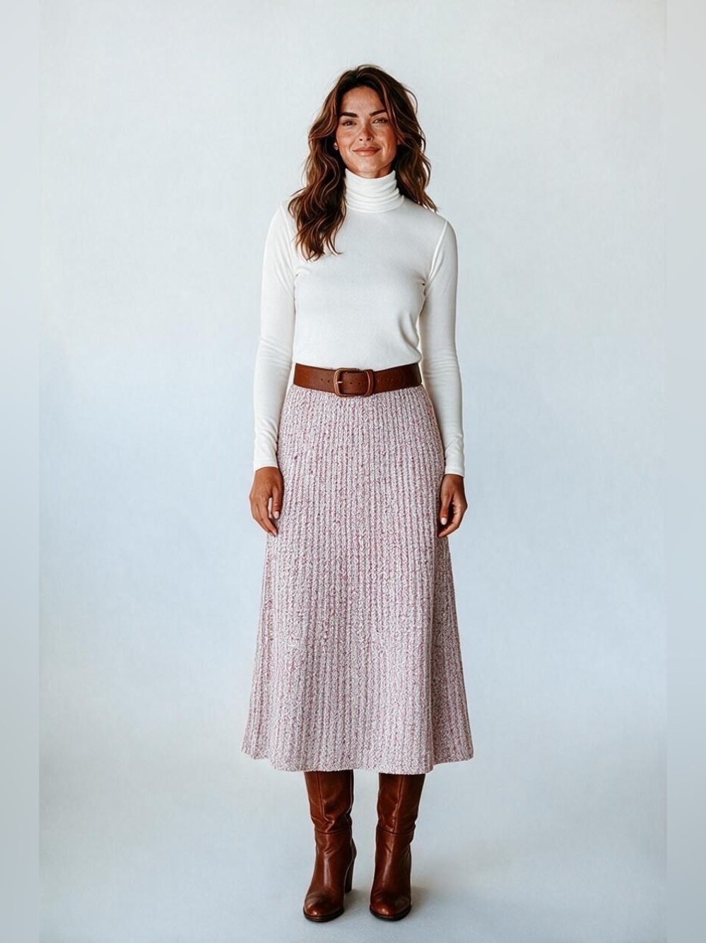 St. John Space-Dyed Wide Rib Knit Midi Skirt in Magenta & Cream – Size XL